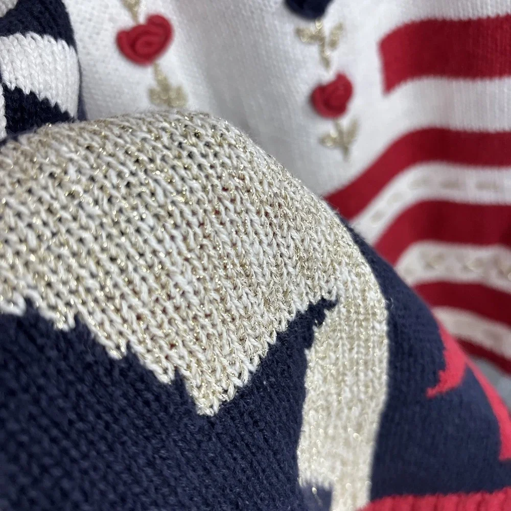 Vintage 90s Patriotic Teacher Sweater M Flag Red Blue Embroidered Patchwork